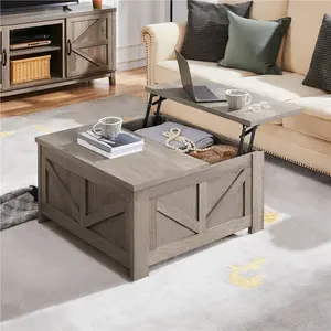 Yaheetech Lift Top Coffee Table, Square Farmhouse Coffee Table with Hidden Storage Compartment, Wood Center Table for Living Room, Home Office, Gray