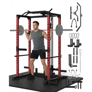 All-in-1 Power Cage – 1200 LBS Capacity, Multi-Functional Squat Rack with Pulley System, Includes LAT Pulldown & Dip Bars for Home Gym