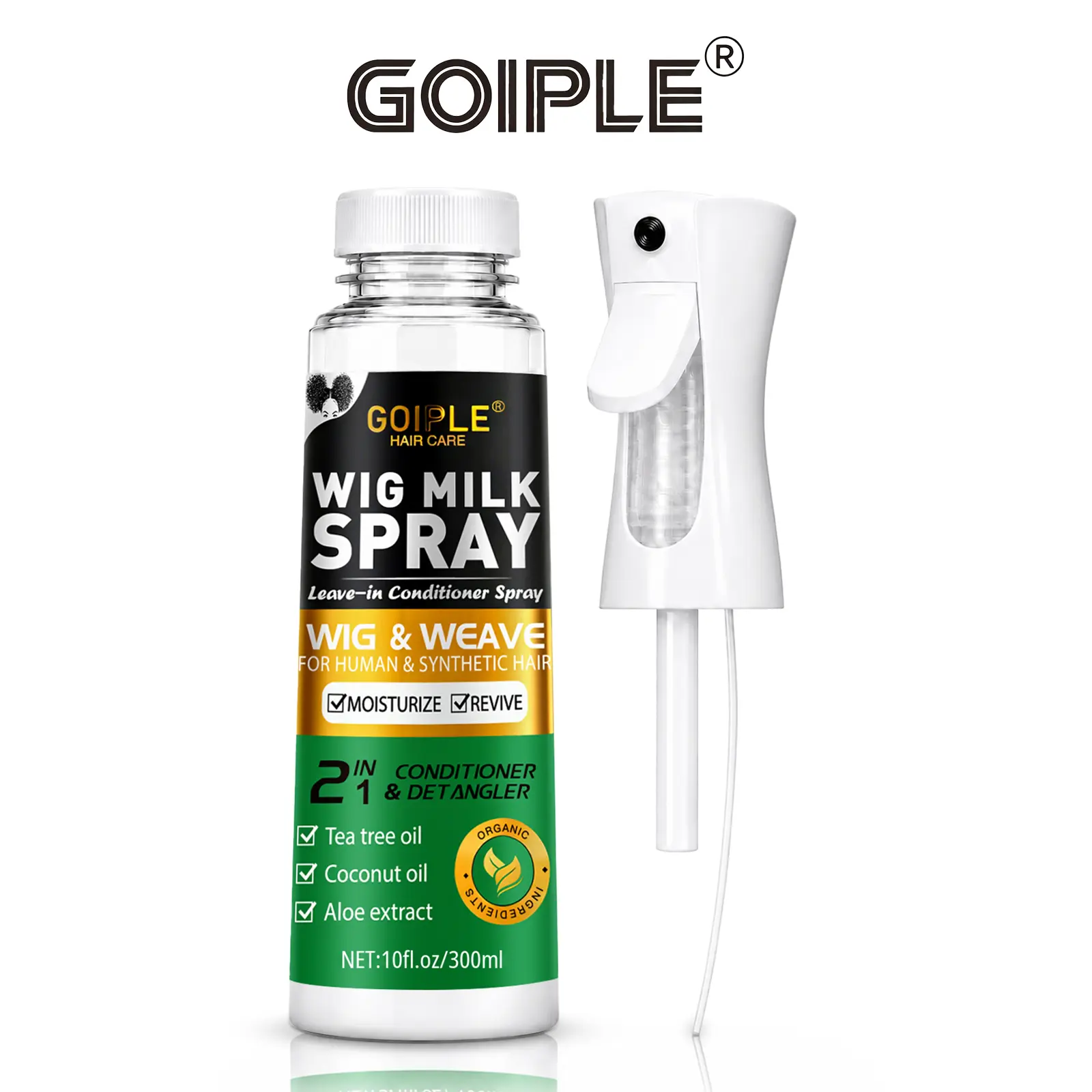 Goiple Wig Milk Spray Haircare Liquid, 2-in-1 Tea Tree & Coconut Conditioner & Detangler for Synthetic Hair, Hydrating, Easy Combing, 300ml/10fl.oz