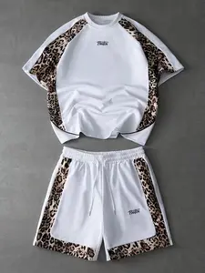 Men's Two-Piece Set, Leopard Print 'panton' Letter Pattern, Short Sleeve T-Shirt + Drawstring Shorts, Summer Casual Streetwear