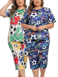 Plus Size Soccer Print 2-Piece Pajama Set 1XL-5XL, Women’s Round Neck Short Sleeve Top & Capri Pants, Soft Milk Silk Loungewear, Sporty Graffiti Football Sleepwear with Fun Slogans, Ideal for Pajama Parties & Game Nights