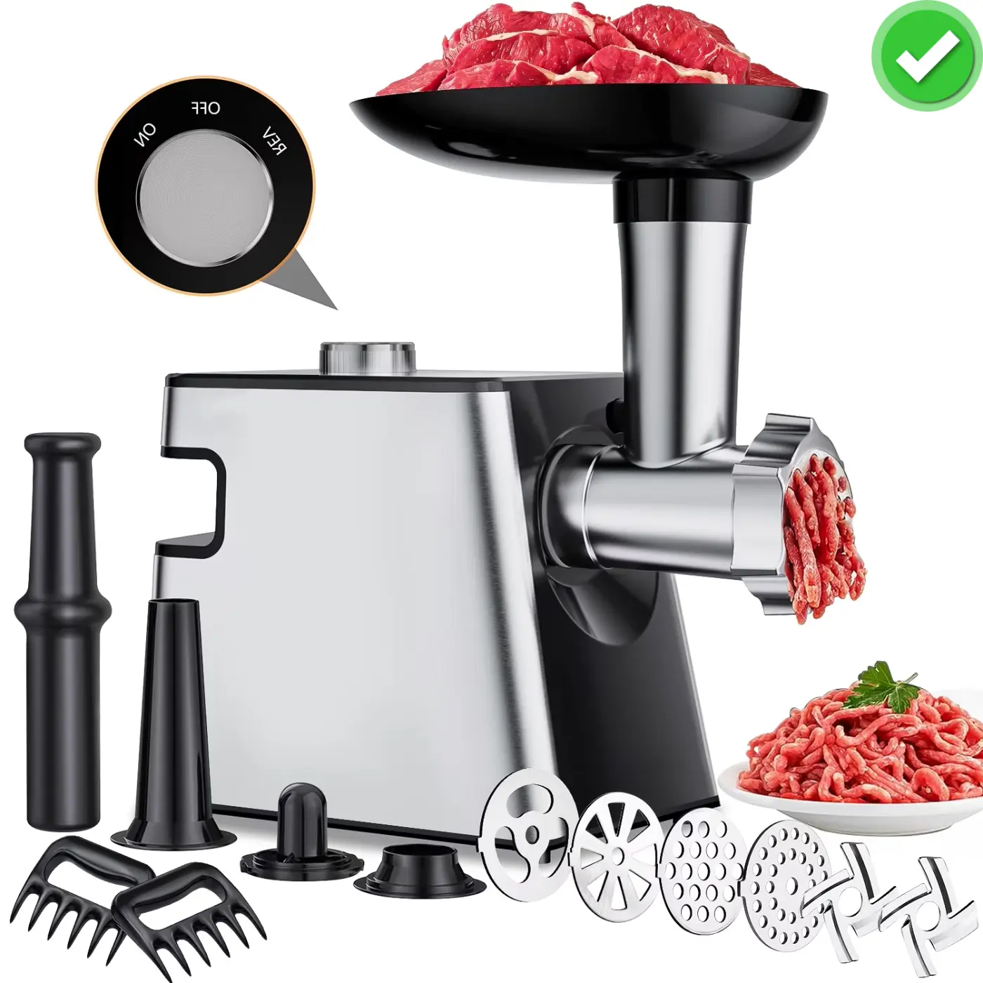 Electric Meat Grinder 2800W Heavy Duty Sausage Stuffer Machine, 4 Stainless Steel Plates, 2 Blades, Sausage Maker Kit and Kubbe, Multi-Functional Meat Mincer for Home Kitchen Beef Processing
