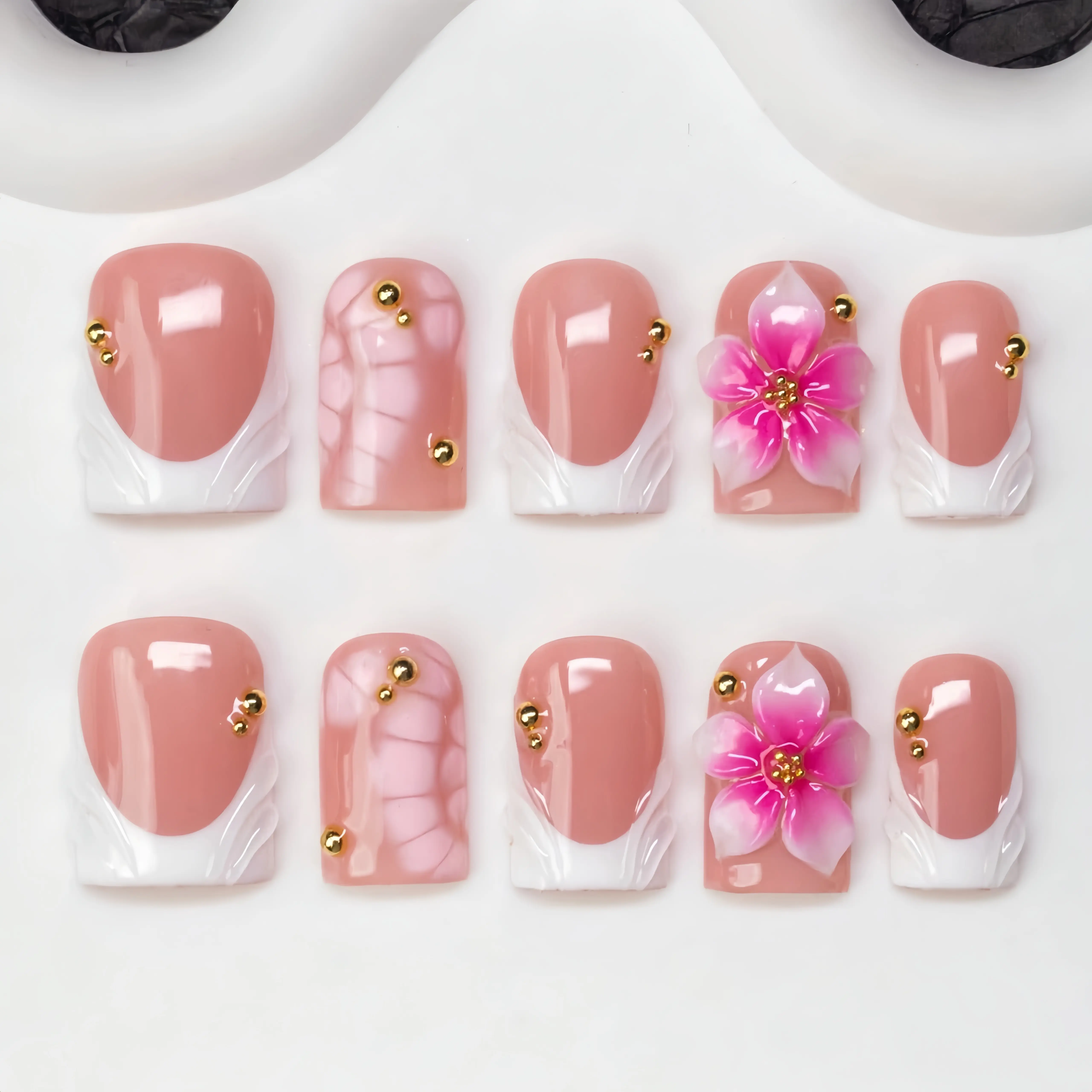 Handmade White French Tip Short Square Press On Nails - Intricate 3D Floral Design, Embedded Rhinestones, Shimmer Finish, Reusable Daily Wear False Nail Tips, Reusable Tips