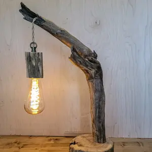 Handcrafted Driftwood Table Lamp with Unique Hanging Light Design