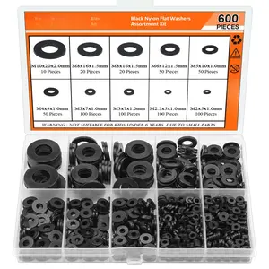 600 count 8 Sizes Black Nylon Flat Washers Assortment Kit - M2 M2.5 M3 M4 M5 M6 M8 M10