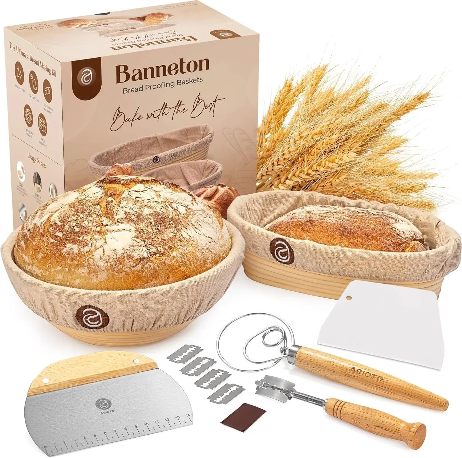 Sourdough Kit with Professional Bread Making Tools - Complete Sourdough Bread Making Kit with 10" Round & 11" Oval Handcrafted Bannetons, Bread Lame, Danish Whisk, Bowl & Dough Scrapers (14- Kit)