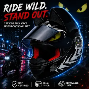 Cat Ear Full Face Motorcycle Helmet 2026 New Release Sculpted-In Cat Ear Design DOT Certified Dual Visor Anti Fog Street Racing Helmet for Adults Enhanced Ventilation Urban Riding Gear Free S and L Pads