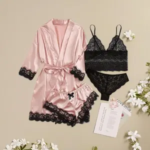 Women's contrast lace pyjama set, comfy cozy bra & Panty & belted robe & elastic waist shorts PJ set for daily home wear, loungewear set for women