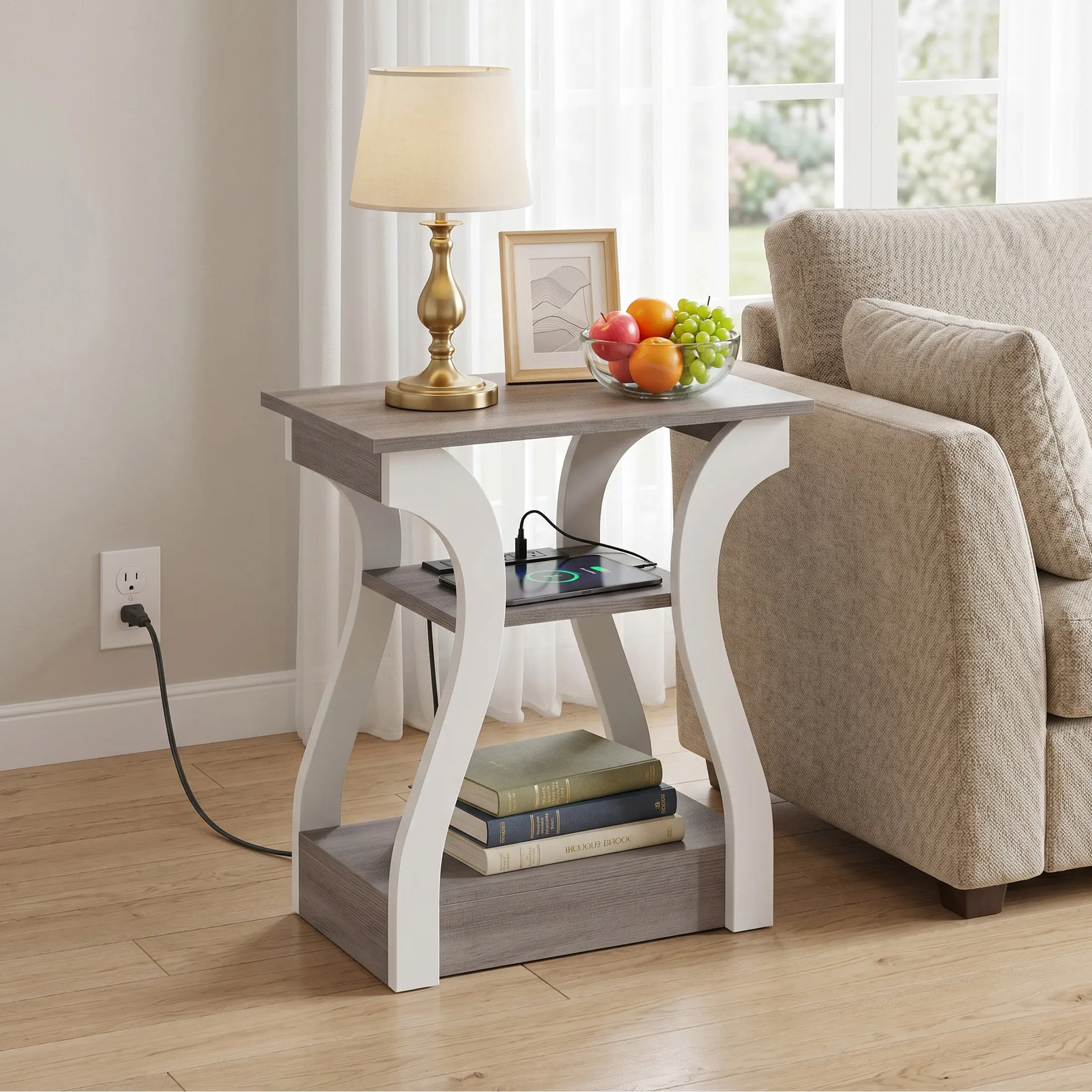 3-Tier Curved Nightstand with Charging Station - USB Charging Ports, Type-C Port, AC Outlets, Storage Shelf Cabinet, Space-Saving Indoor Furniture for Bedroom Phone, Lamp Storage
