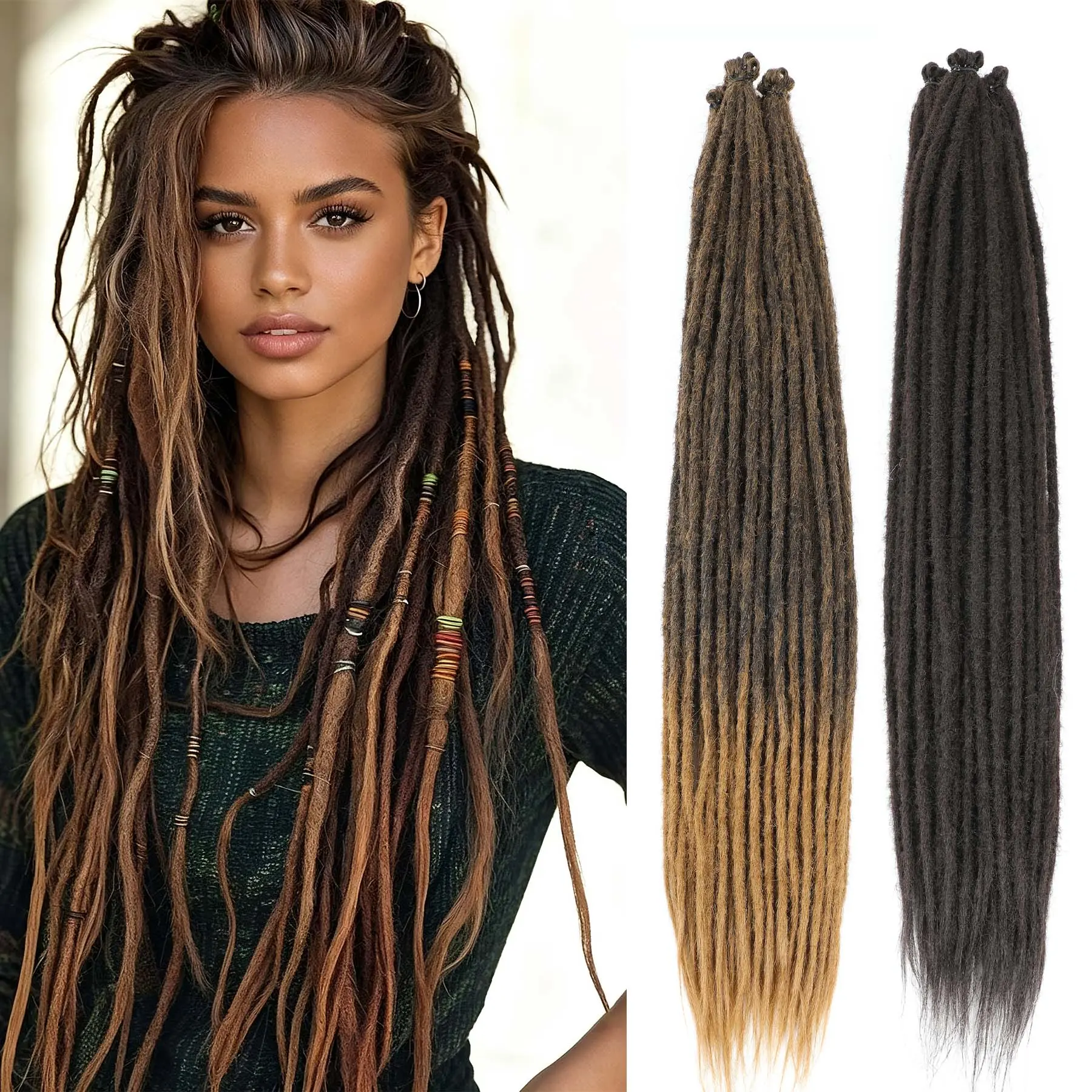 GKtineke Dreadlock Extensions, 24 inch/18 Inch Brown Synthetic Crochet Dreadlock Extensions, Thin 0.6cm Width Dreadlock for Girls (10 Strands/Pack)