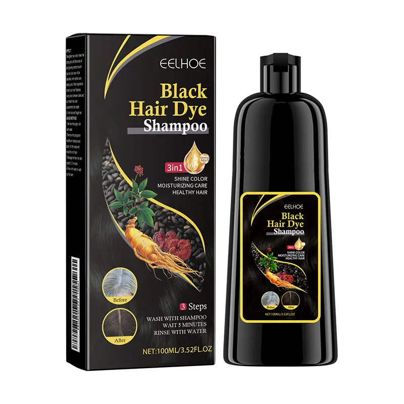 3-in-1 Black Hair Dye Shampoo for Gray Hair Coverage | Plant-Based Shampoo and Conditioner for Hair Growth & Anti-Hair Loss | Ginseng & Ganoderma Herbal Hair Darkening Shampoo for Men & Women (100ml / 3.52 fl.oz)