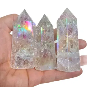 Fire and Ice Crackle Clear Quartz 3" Tower - Natural Stone Point with Angel Aura Coating