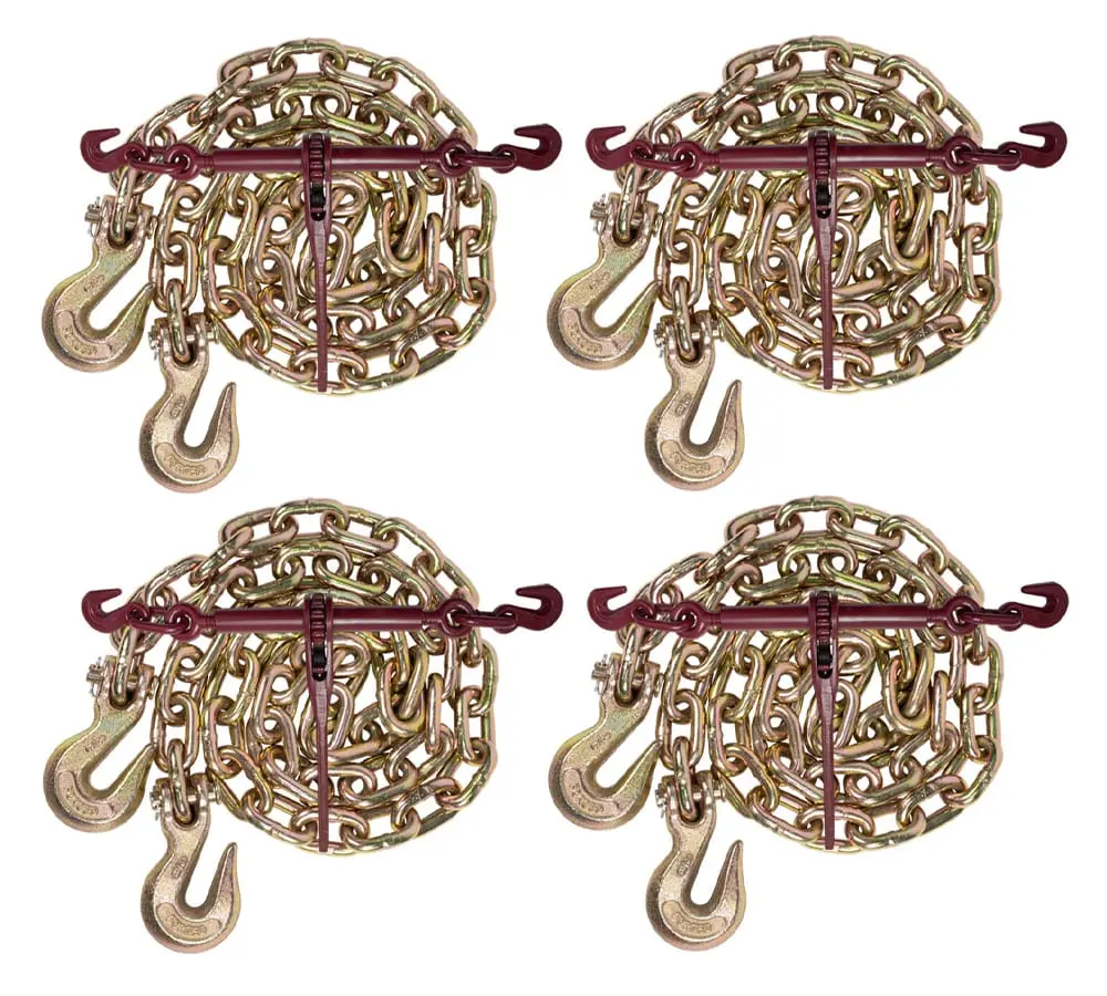 3/8" Grade 70 Chain and Binder Kit | Includes (4) 3/8" - 1/2" Ratchet Load Binder & (4) 3/8" x 20' G70 Transport Chain w/Grab Hooks | 6600 lbs WLL for Flatbed Truck Trailer Tie Down