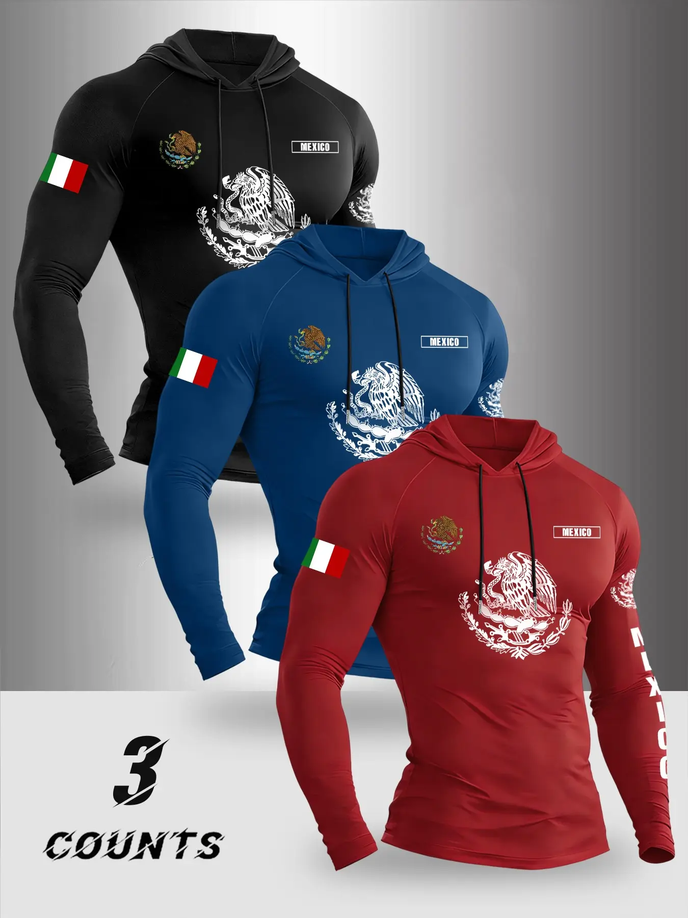 Men's Spring Fall Thin Hooded Long Sleeve T-Shirt Set, Mexico Flag Letter Print, Comfortable Elastic Fabric, Outdoor Fitness Wear, Casual Sports Wear, Active Sportswear, Athletic Sports Clothing, Sports Clothes, Casual Sports Style