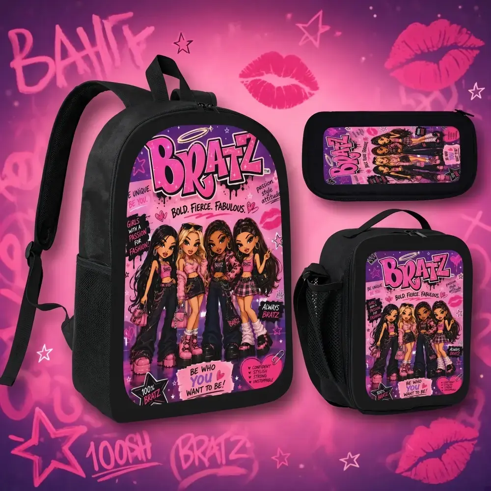 Girls' 3-Pieces Bratz Backpack Set - 17in Oxford Rucksack, Lunch Bag & Pencil Case, Pink Purple Y2K Fashion Print, Teen Girls Gifts, Sports Outdoor Gym Accessory