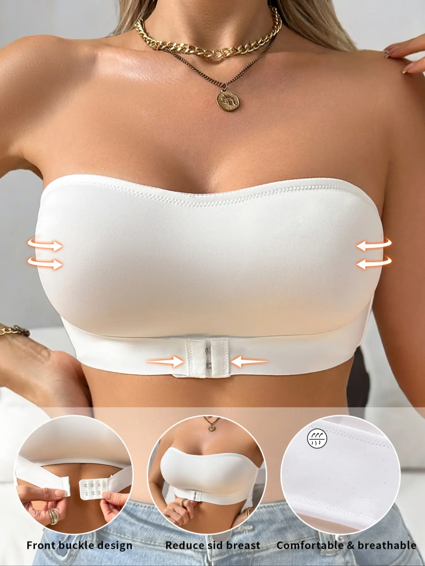 Women's Front Buckle Anti-Slip Lightweight Wireless Strapless Bra, Non Wired Bra, Casual Minimalist Plain Unlined Tube Top, Daily Wear Innerwear, All Seasons Fit Support, Womenswear