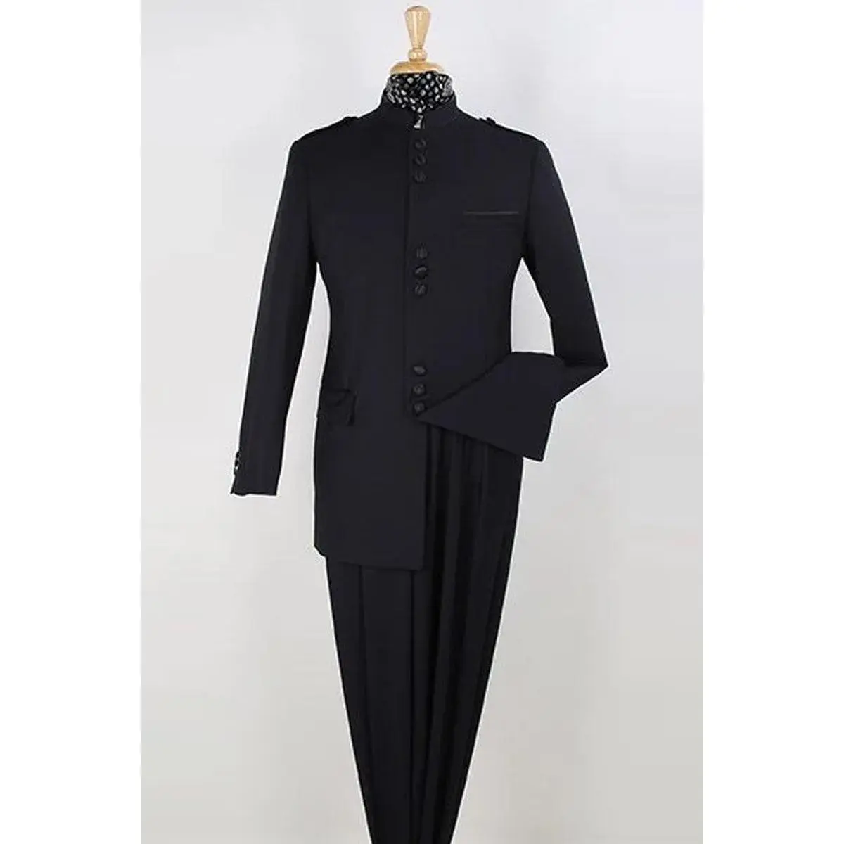 Mens Classic Military Banded Collar Mandarin Safari Suit in Black