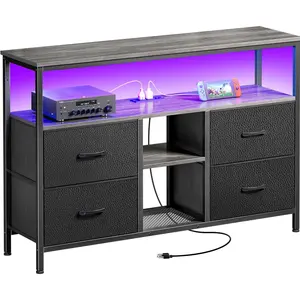 TV Stand Dresser with Power Outlets and LED Lights, 4 Drawers Entertainment Center with Open Shelf, Media Console for 50 43 Inch TV, Dresser with PU Finish, Grey and Black