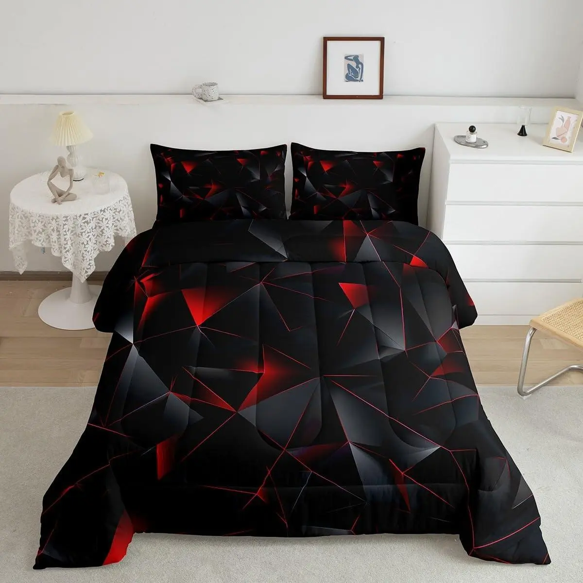 Red and Black Comforter Set Kids Geometric Pattern Bedding Set for Boys Girls Teens Adults,Art Aesthetic Duvet Quilt Breathable Soft Room Decor