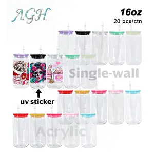 AGH 20pcs 16 oz Plastic Can cups with Silicone Straw Topper/Cover Clear Single Wall Tumbler  for DIY UVDTF Ice Drinkware Drinking