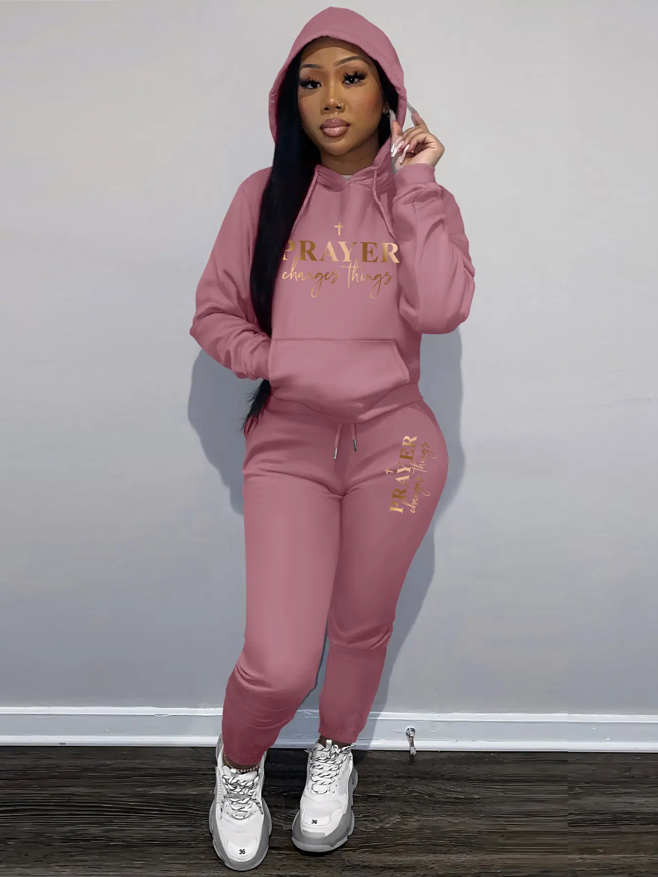 Women's Prayer Letter Print Casual Loose Fit Sweatshirt Set, Round Neck Long Sleeve Pullover + Jogger Pants, Fall & Winter Fashion Outfit