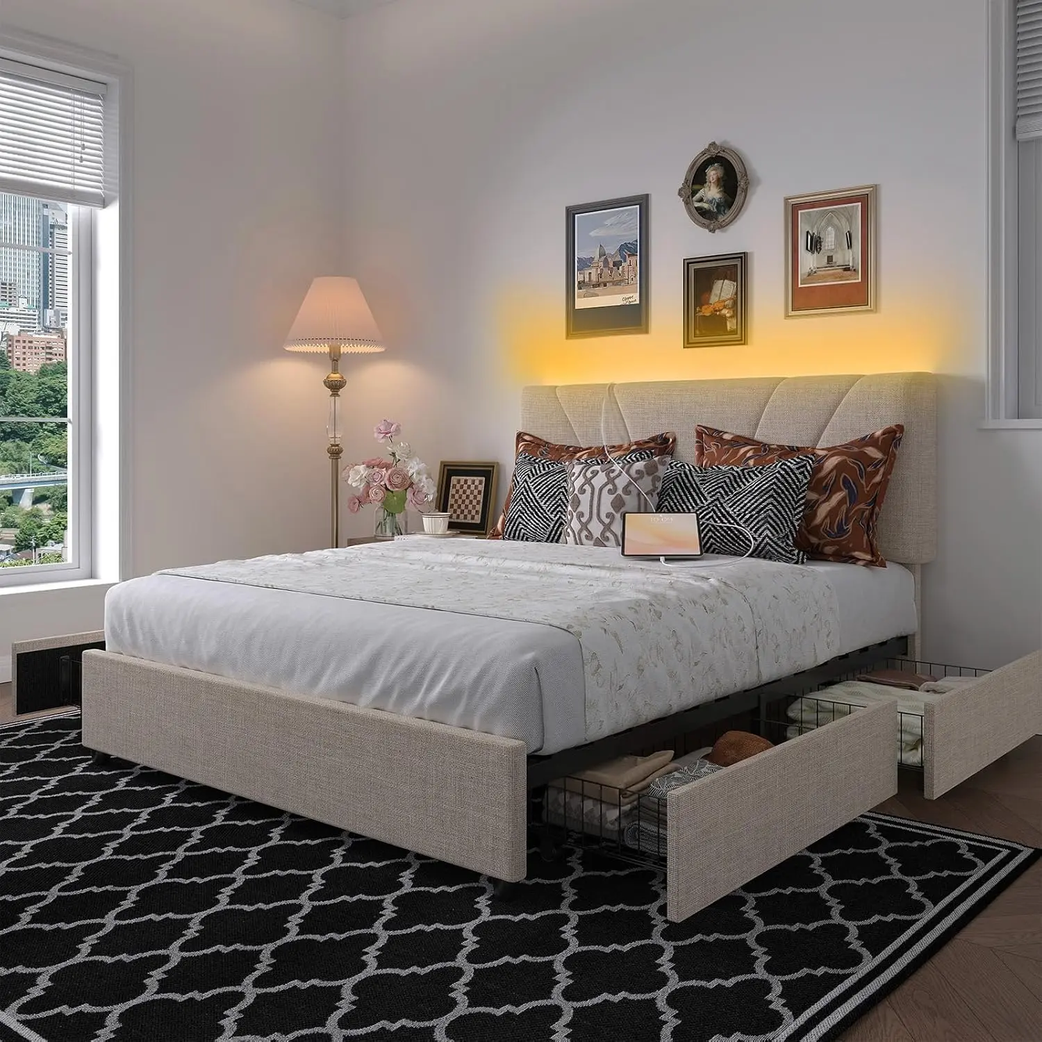 Avenco Full/Queen/King Bed Frame with Drawers, Bed Frame with Headboard, LED Bed Frame Full/Queen/King Size, Charging Station and Adjustable Headboard Bed Frame, No Box Spring Needed,dorm essentials,home decor
