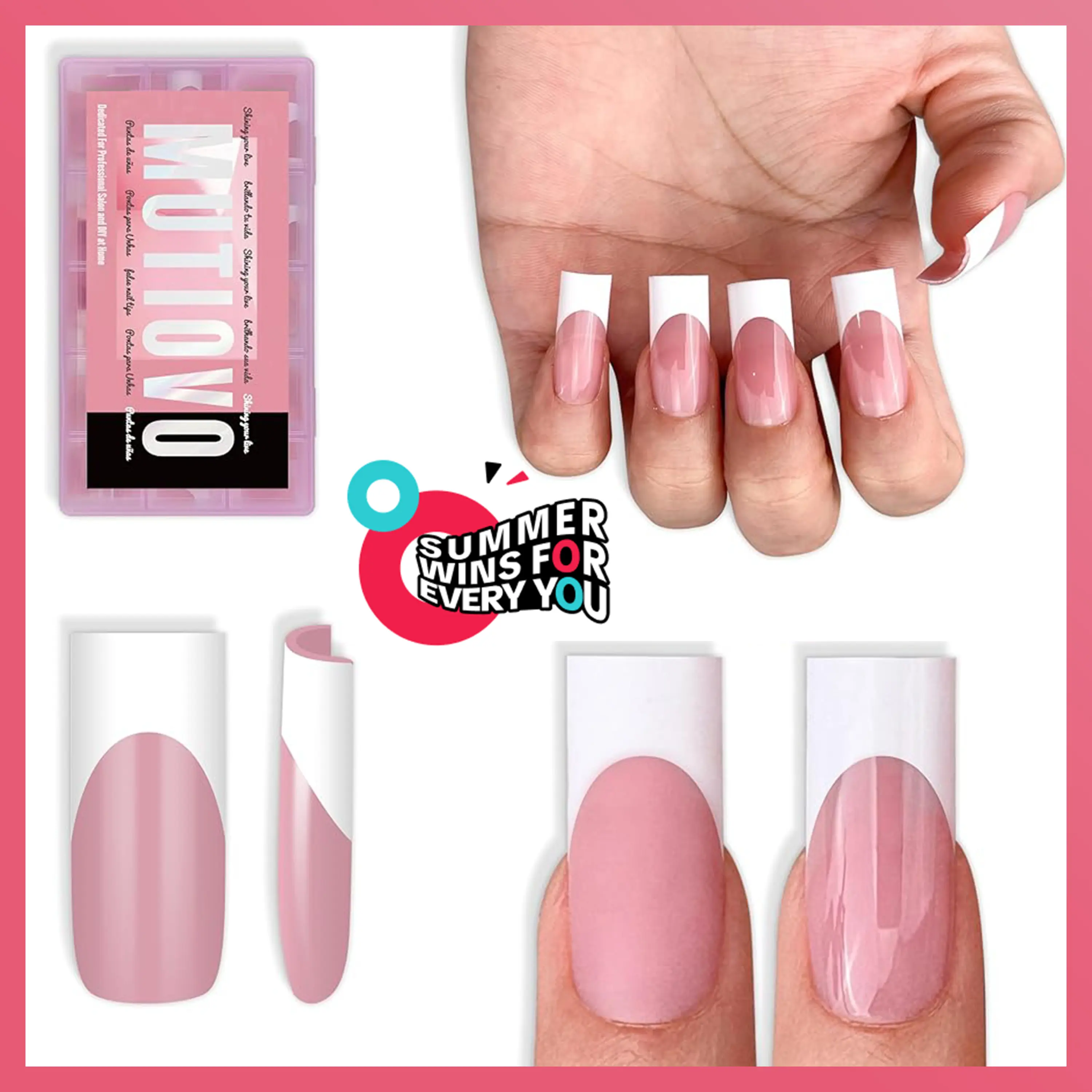 MUTIOVO White French Tip Medium Straight Square Nail Tips Press on, BERRY PINK Extra Thick Soft Gel Nail Extension, Full Cover False Nails, NEED Builder Glue Gel & Top Coat,for DIY x 15 Sizes 180 pcs