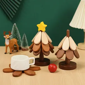 Wooden Christmas Tree Coaster, Creative Tree-Shaped Heat-Resistant Pad, Wooden Table Mats for Kitchen and Dining, No Cover, No Padding, Home Decor Tableware Star