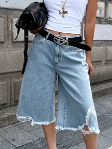 Women's Y2K Distressed Wide-Leg Denim Shorts, Casual Loose Fit Jeans with Frayed Hem, Trendy Streetwear Fashion