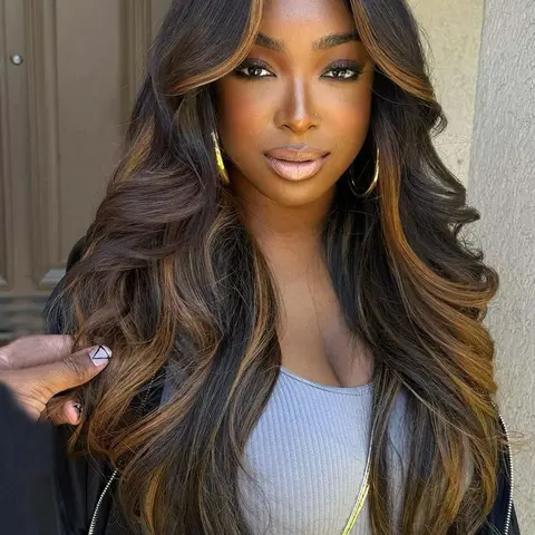 26 Inch Honey Blonde Highlight Long Body Wave Glueless Lace Wigs for Women, 1 Piece Gorgeous Fluffy Wigs with Baby Bangs, Synthetic Wigs for Party, Daily Use, Body Wavy Wig