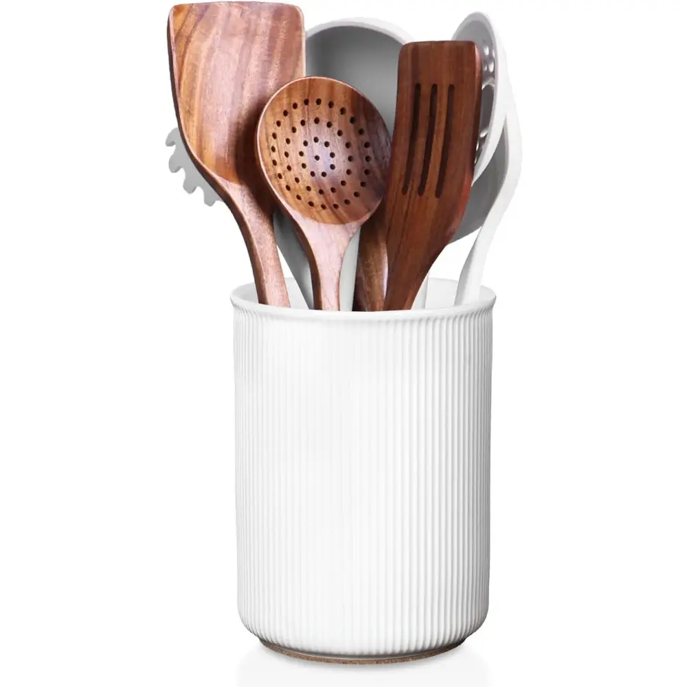 Ceramic 3 Compartment Cutlery Holder - 6.7" Thick Extra Large Tabletop Kitchen Counter Rack (7.6" h x 6.2" w), Thickened Counter Protection Mat, Rotatable, Prevents Drawer Overflow, Holds 20+ Cooking Tools, Healthier and Safer