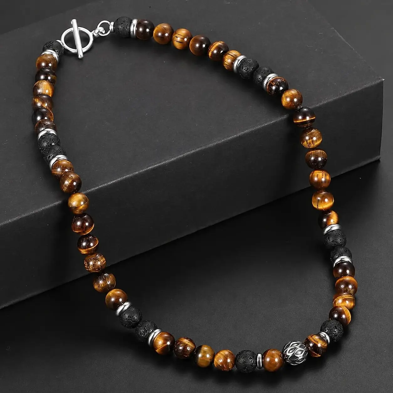 Men's 8mm Natural Tiger Eye & Lava Bead Beaded Necklace - Stainless Steel Toggle Clasp, 18/20/24in Length, Black Onyx Accessory, Handmade Craft, Natural Stone Pendant, Unique Gifts for Man, Meaningful Father's Day Gifts, Wedding-Ready Bold Accent, Men's A