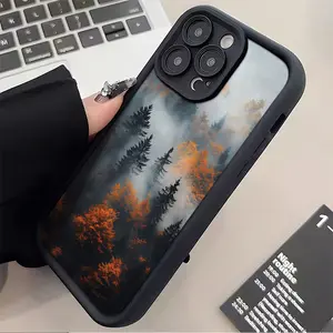 Smoke Forest Landscape Pattern Black Phone Case for iPhone 17/16/15/14/13/12/11 Pro Max Plus, X, XS Max. Elegant, Minimalist Luxury Phone Case, High-End Stepped Shock-Absorbing TPU Protective Soft