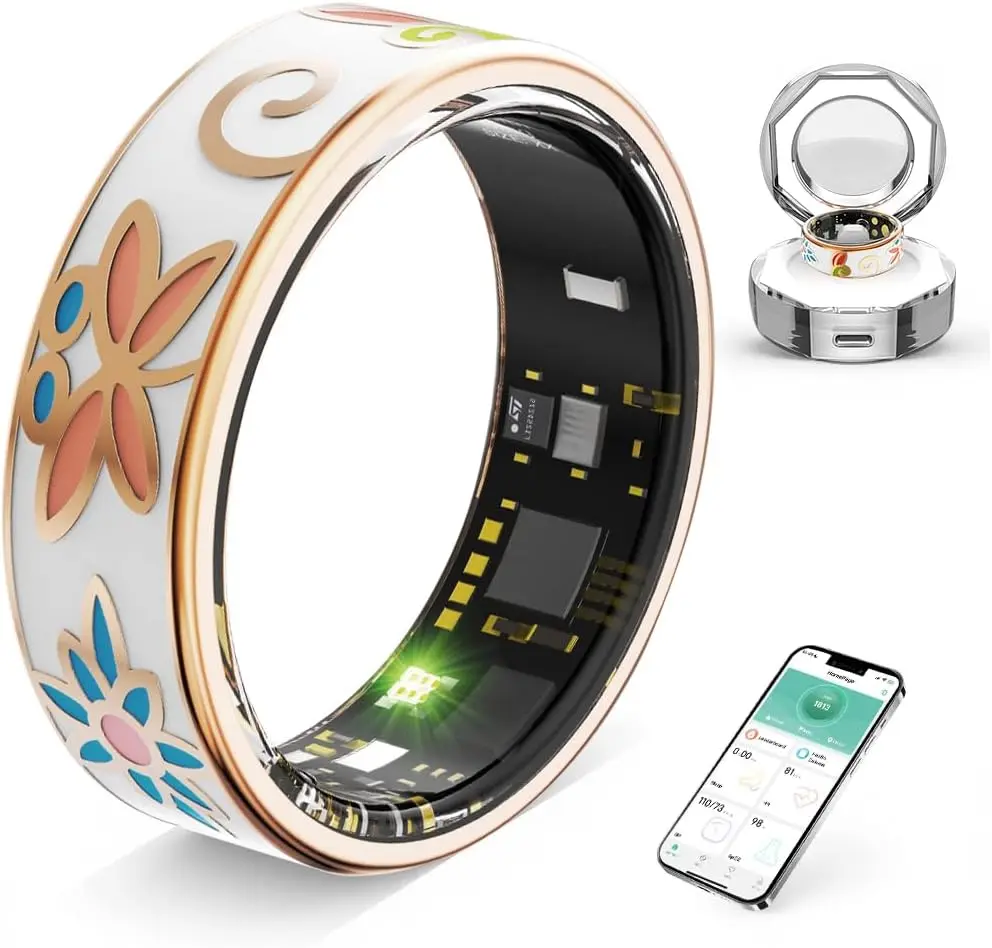 Flora Enamel Smart Ring for Women - Wearable Device, Activity & Wellness Tracker, Fitness Monitor, Step & Calorie Counter, Stylish Durable, 5-7 Days Battery, Flora Enamel+Crystal Charging Box, No Monthly Fee, Women's Gifts, Wearable Devices, Womens Gifts