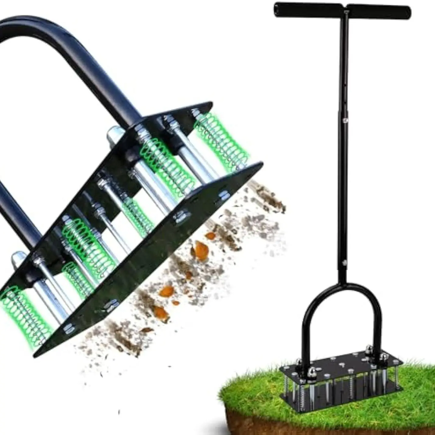 Lawn Aerator -Aerator Lawn Tool, Automatic Dirtand Leaf Clean Design, Heavy Duty Manual Lawn AeratorTool with 15 lron Spikes, Height Adjustable, Yard GrassAerator for Lawn