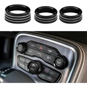 3PCS Air Conditioner Switch Button Knob Cover, Knob Covers for Car, Aluminum Alloy Knob Ring Trim Cover, Car Decor Volume Control Knob Outer Ring Compatible with Challenger Durango 2015-2022 (Black)