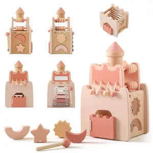 New multifunctional castle five-in-one toy for children, educational shape matching, xylophone, pull-string, and bead stringing toy