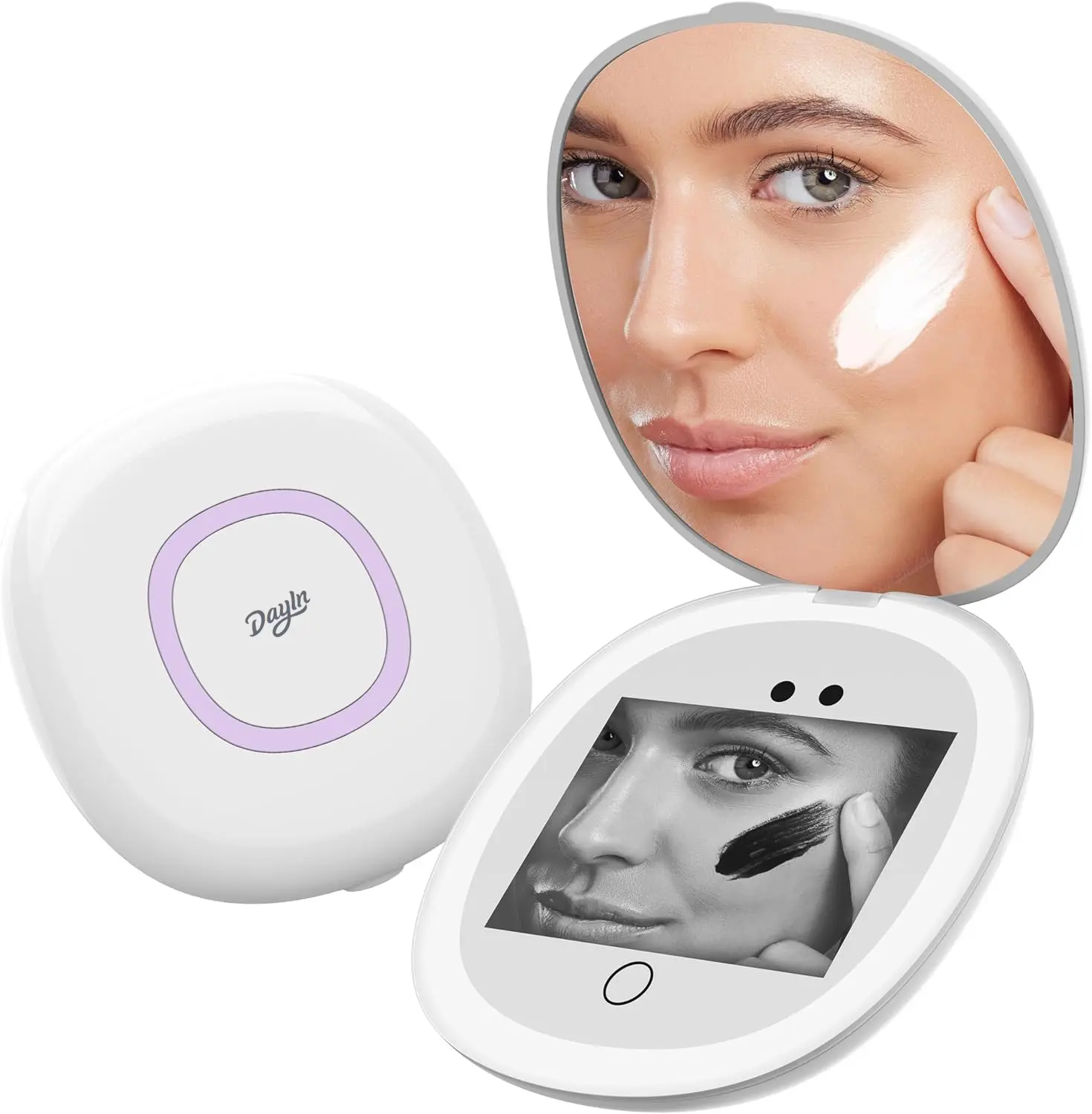 DayIn Rechargeable UV Camera Makeup Mirror with Batteries, 4-inch 1X/3X Magnifying Mirror, Dimmable LED Lights, Color-Changing Detector for Sunscreen SPF, Compact Travel-Size Beauty Skin Care Tool for Sun Protection