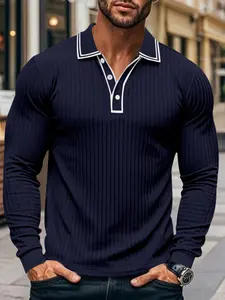 Men's Long Sleeve Fitted Textured Golf Polo Shirt, Jacquard Fabric Collared Top, Business Casual Wear, Suitable for Daily & Formal Occasions, Outdoor Hiking