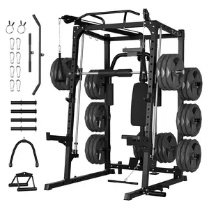 (3 Packages) Smith Machine, 2000LBS Squat Rack for Home Gym, Multi-Function Power Cage Cable Crossover System Strength Training Equipment, Lat Pulldown Machines, 8 Weight Storage Pin, No weight plates