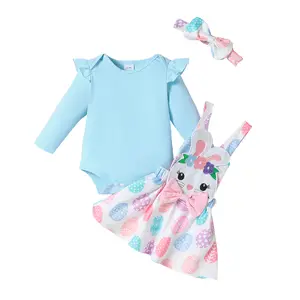 Baby Girls Blue Romper Skirt & Headband Set Easter Rabbit Pattern Newborn Outfit for 0-18 Months Spring Clothes