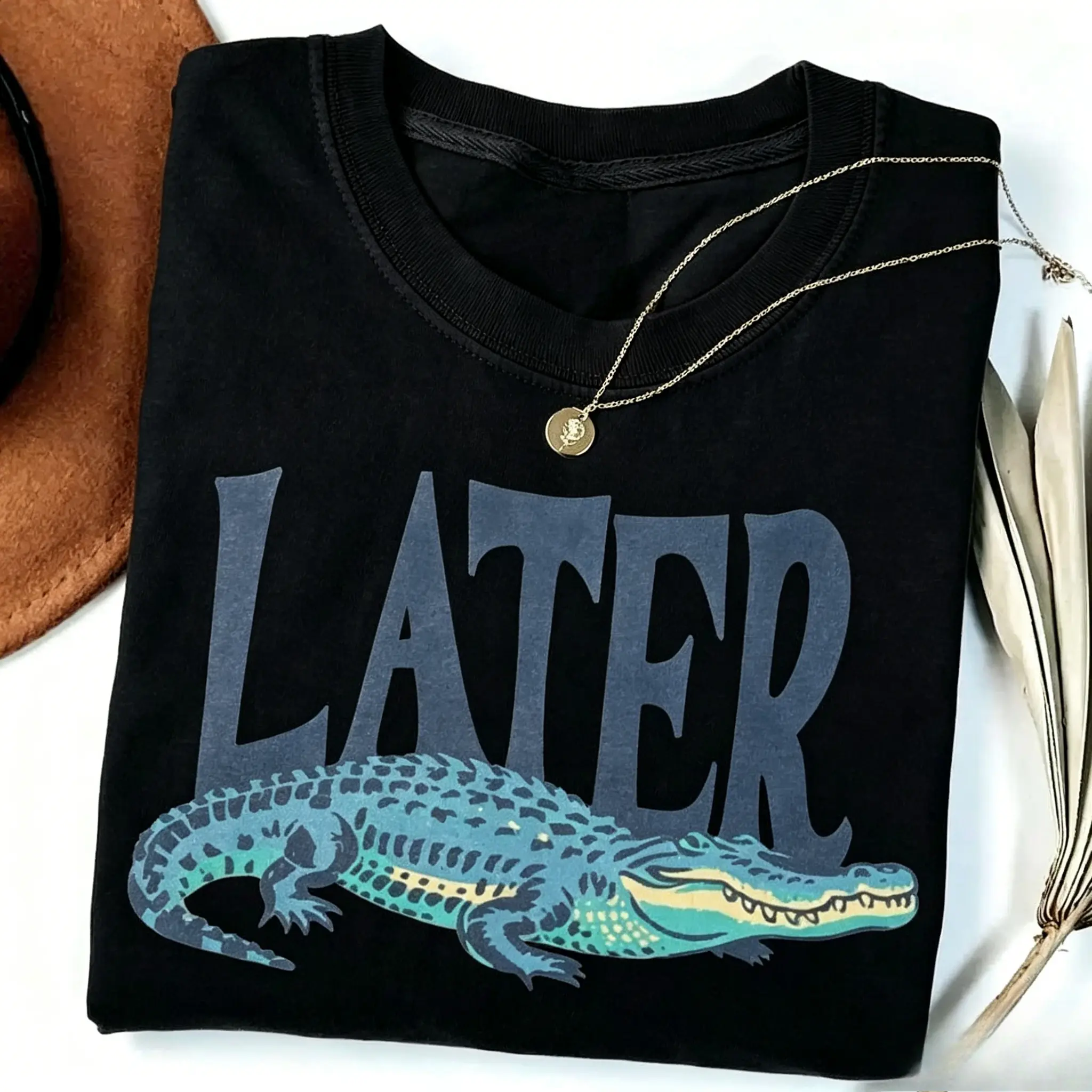 Women's Later Gator Short-Sleeve Cotton Fabric T-Shirt, Vintage 90s Casual Classic Funny Graphic Alligator Tee, Gift For Him - ShamCren, Shortsleeve, Round Neck