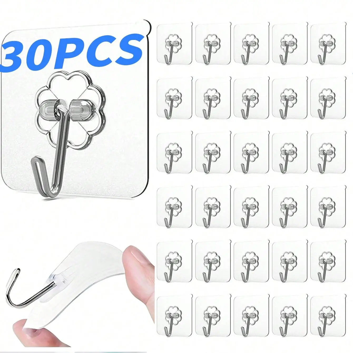 Transparent Clear Adhesive Hook, 30pcs Portable Durable Multifunctional Punch-free Wall Self Adhesive Storage Hook, Kitchen Utensil Hook, Self Adhesive Hooks