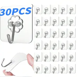 Transparent Adhesive Hook, 30pcs Wall Mounted Hook Portable Durable Multifunctional Punch-free Wall Self Adhesive Storage Hook, Kitchen Utensil Hook