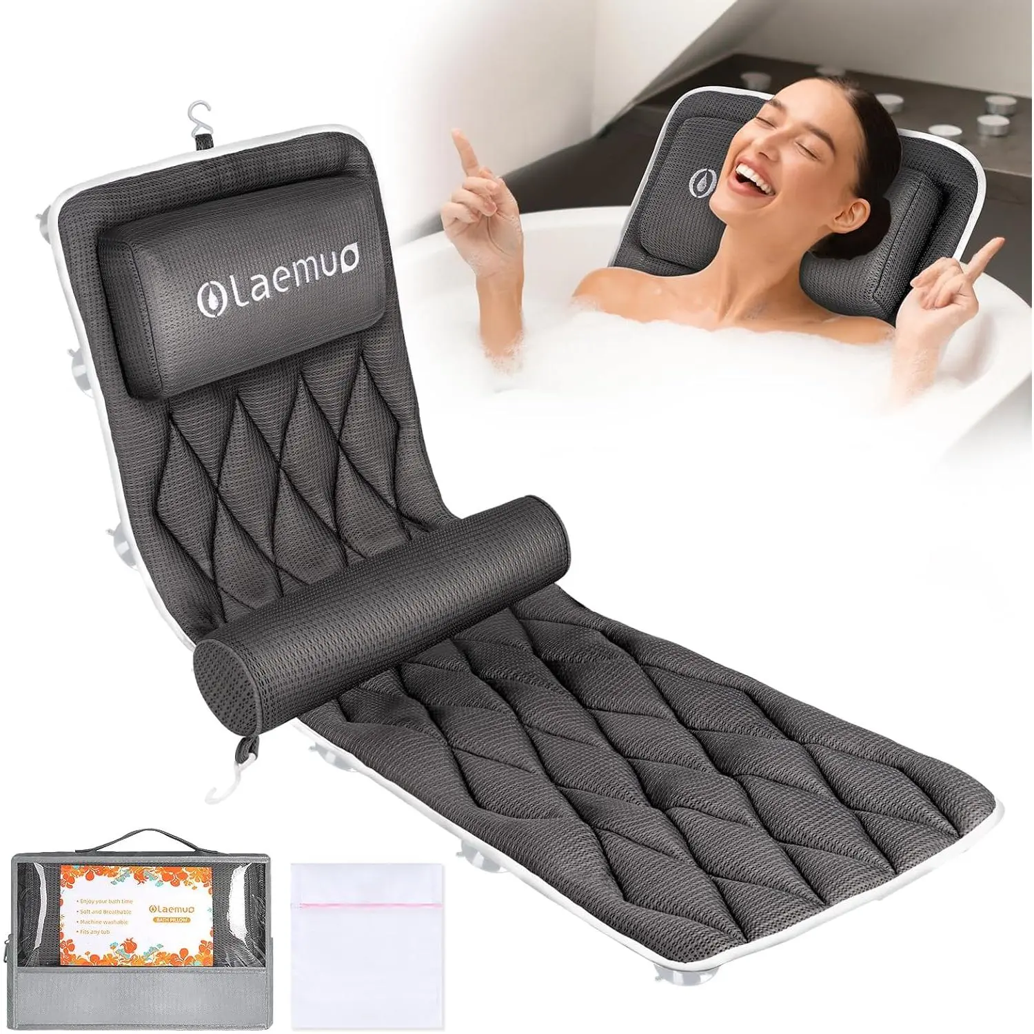 Luxury Full Body Support Bath Pillow Pad, Bathroom Accessory with Removable Lumbar Cushion, 17 Nonslip Suction Cups, 4D Air Mesh, Shower Compatibility, Fits Any Tub, Grey, Free Laundry Bag (Ideal Gift)