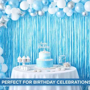 Light Blue Foil Paper Fringe Backdrop, Metal Foil Ribbon Party Decoration, 3.2x6.4 Feet Photography Background, Ocean Theme Birthday Wedding, Shimmer Wall Backdrop