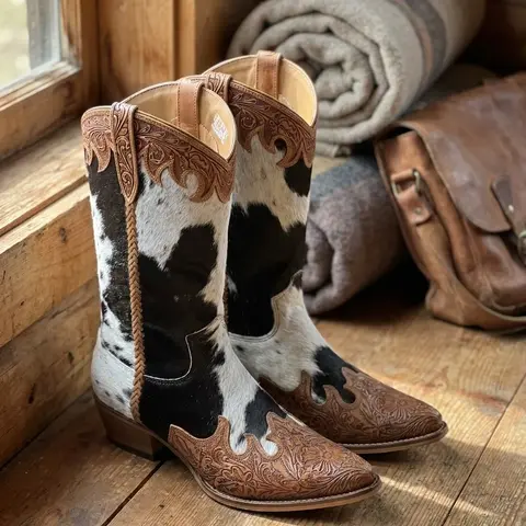 Women's Myra Adelaide Hair-On Cowhide Leather High Top Cowgirl Boots - Hand-Tooled Footwear Crafting, Comfort Fit, Cowboy Boot, Rubber Sole, 1-3 cm Low Heel, Casual Shoes for Women, Cowgirl and Outlaw Style