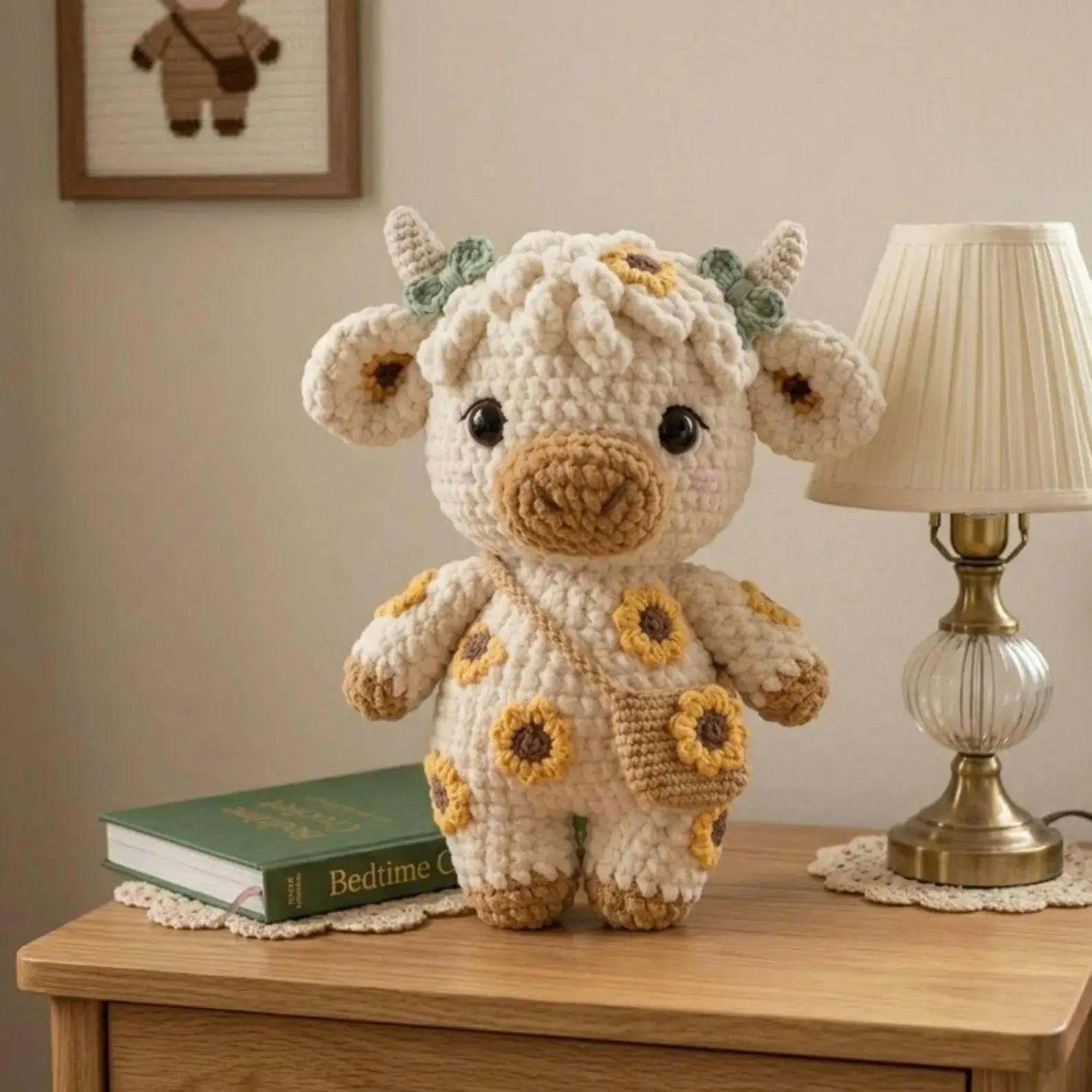 Crochet Sunflower Cow Plush, Handmade Highland Cow Amigurumi, Floral Farm Animal Toy, Cottagecore Nursery Decor, Cute Gift