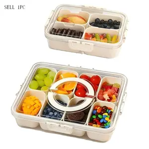 Transparent Divided Snack Box with Lid & Handle, Plastic Kitchen Sealed Storage Container, Kitchen Storage Containers, Food Organizer for Lunch, Salad, Snacks, Travel Camping, Portable Snack Container