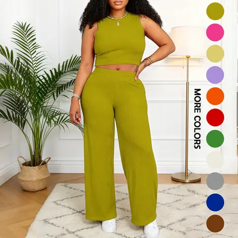 MOEENCN Women's 2-Piece Waffle Knit Set - Orange, Crew Neck Crop Top & High Waist Wide Leg Pants, Slim-Fitting, Medium Stretch, Cute, Chic, Knit Texture, Casual Workout Wear, Fall Korean Fashion Gift Idea